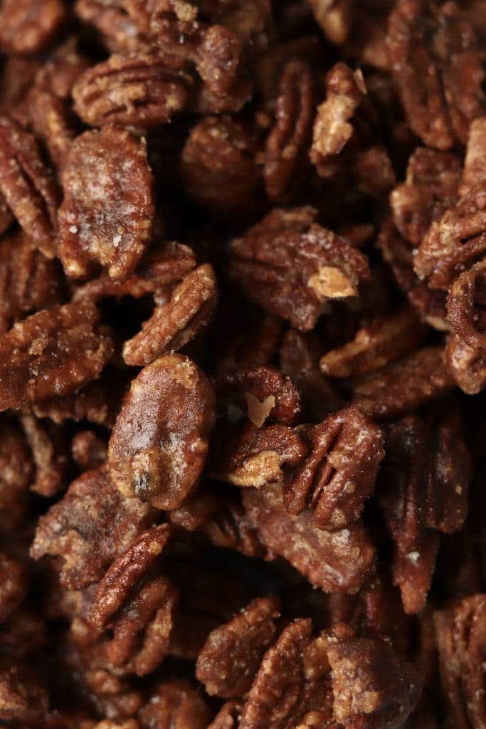 close up of cooled candied pecans