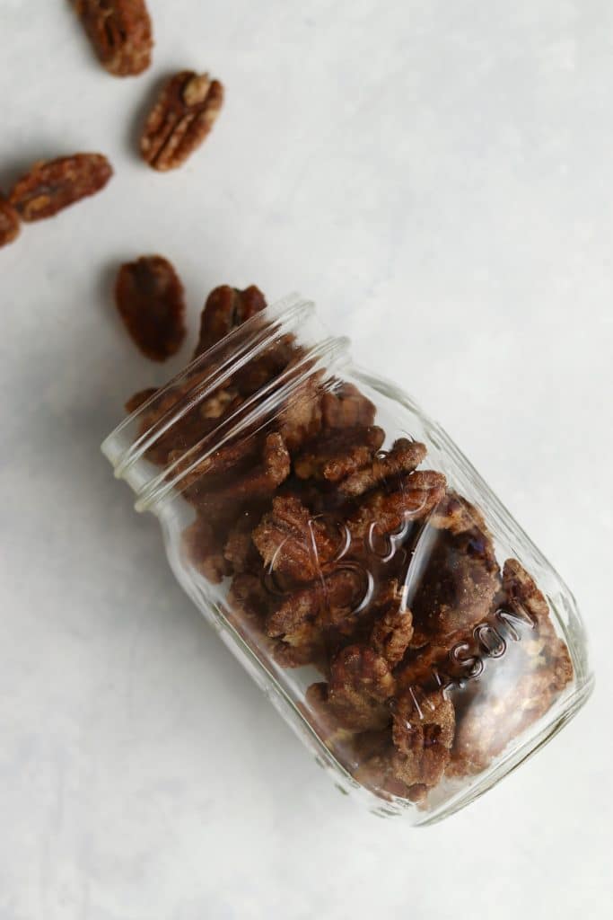 stovetop candied pecans in mason jar