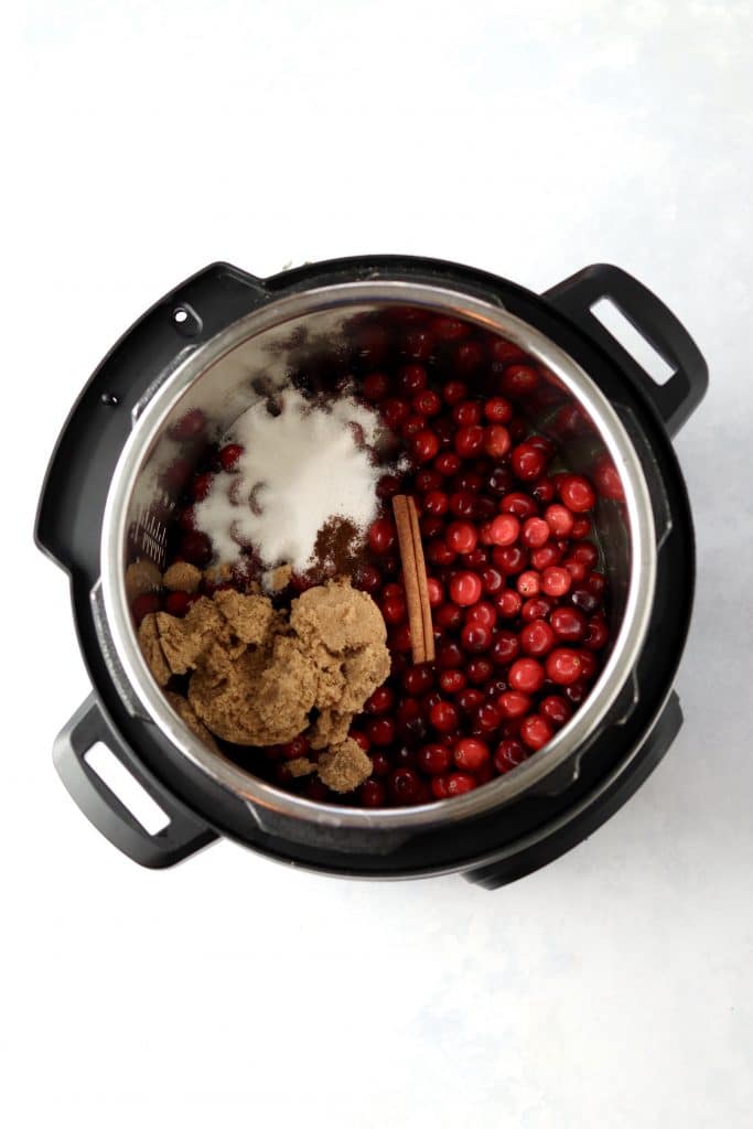 cranberries, sugar, and cinnamon stick in instant pot