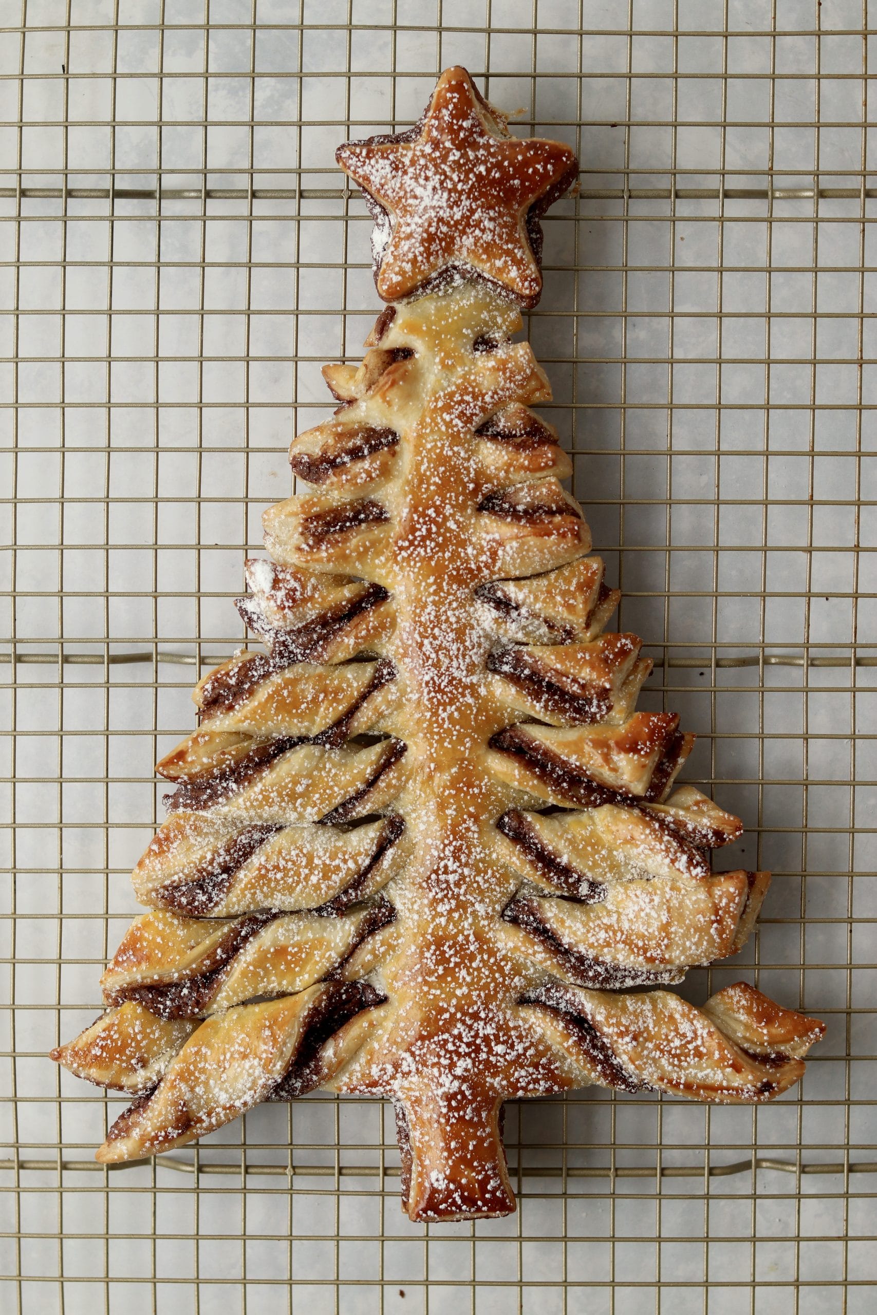 nutella puff pastry tree dusted with powdered sugar