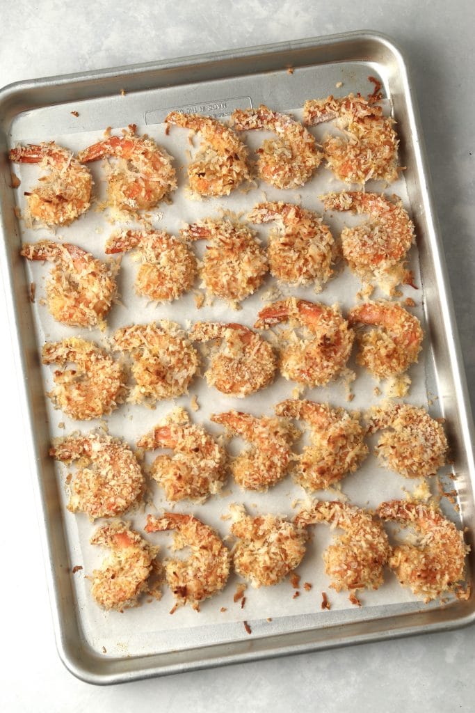 baked coconut shrimp on sheet pan