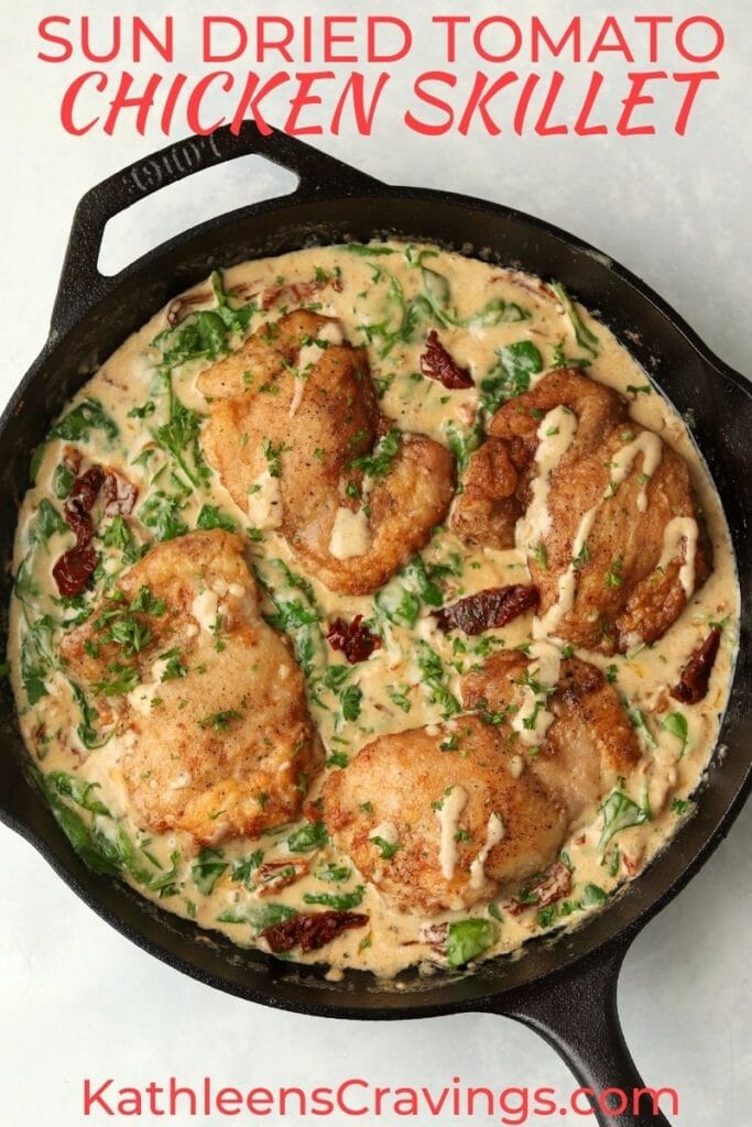 sun dried tomato chicken skillet with text