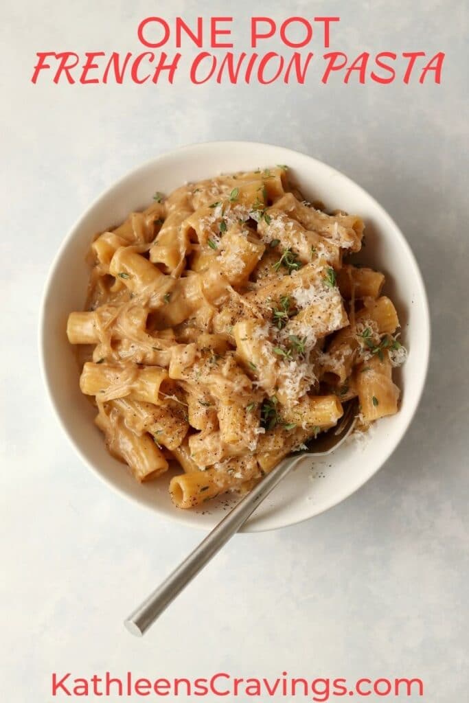 French onion pasta in a bowl