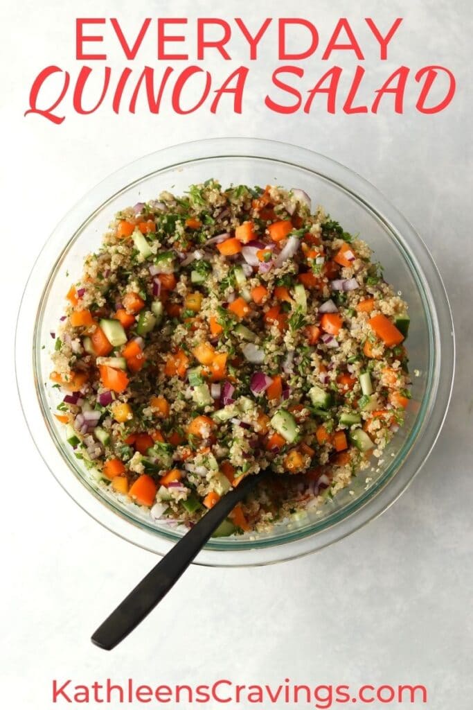 quinoa veggie salad in mixing bowl