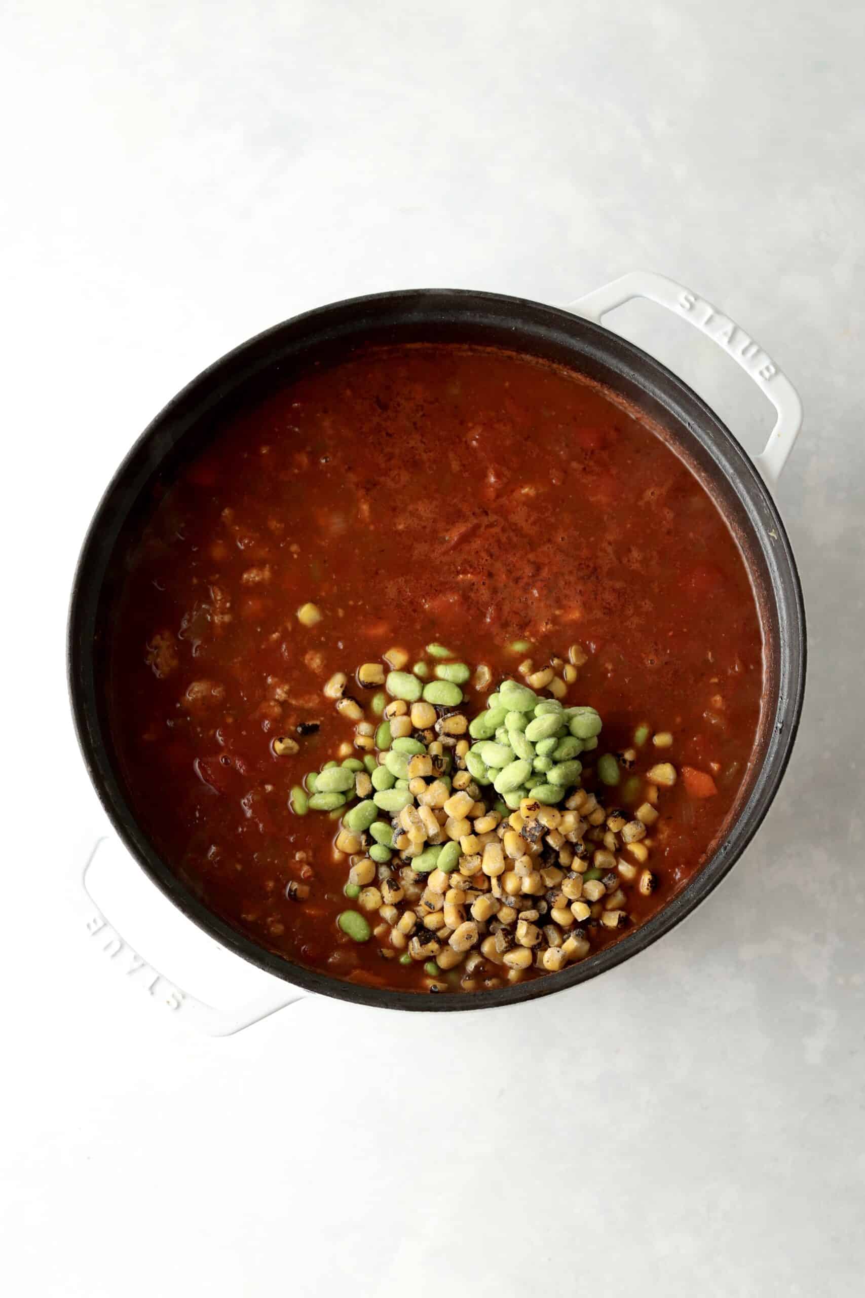 edamame and corn kernels added to chili