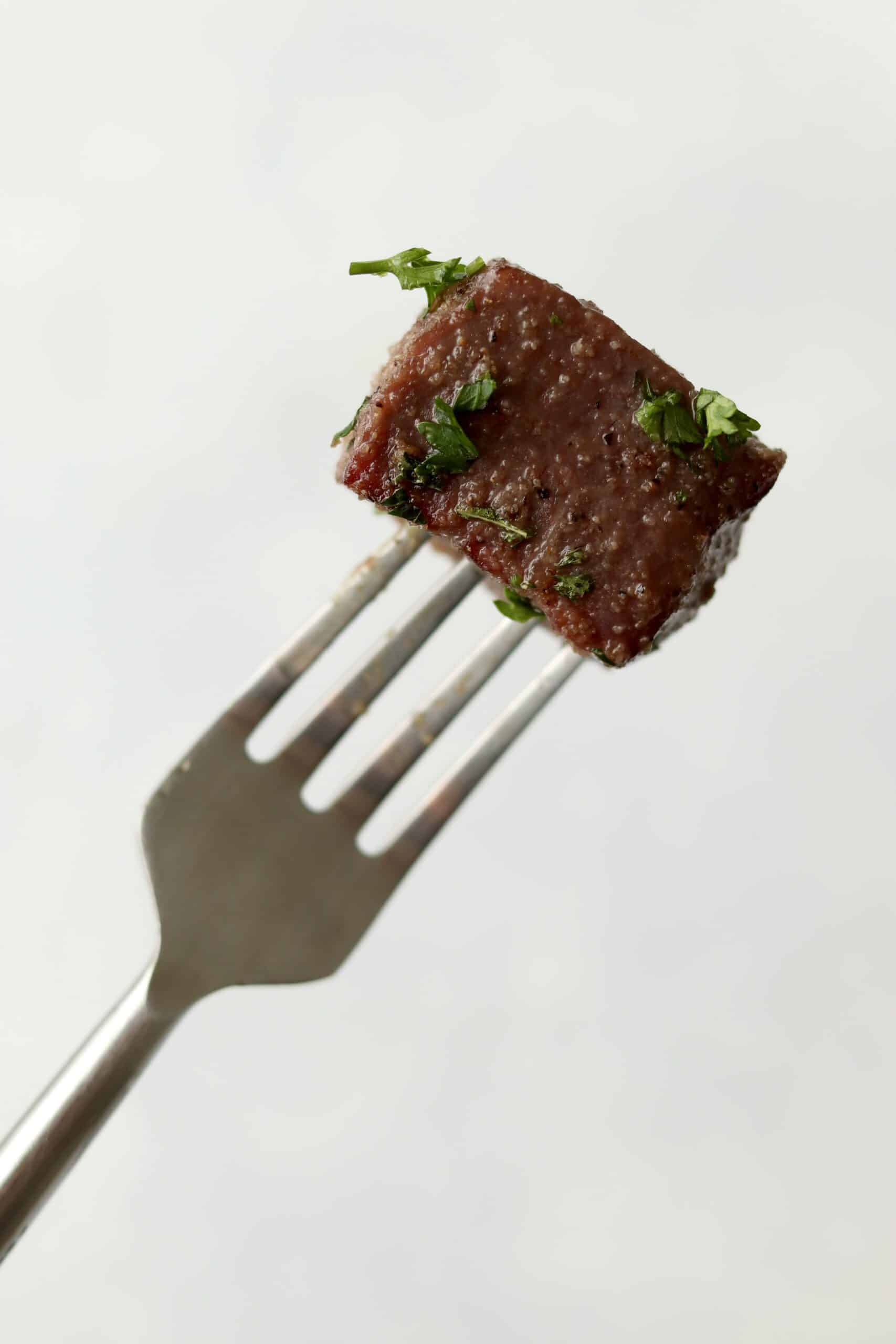 steak tip on a fork