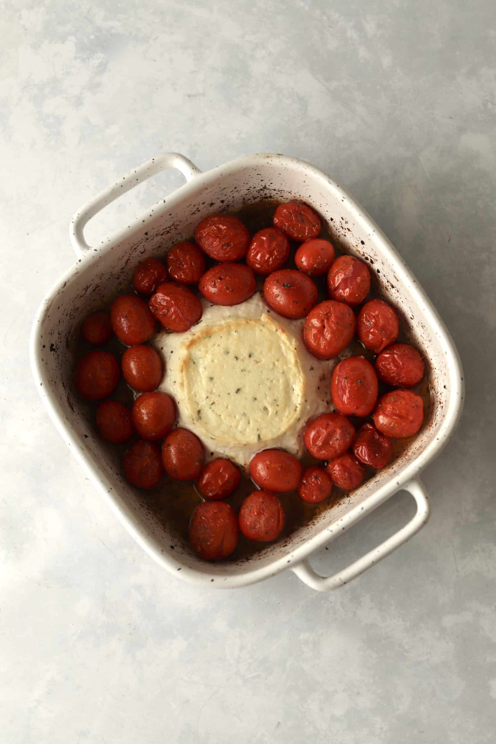 baked Boursin and tomatoes in baking dish