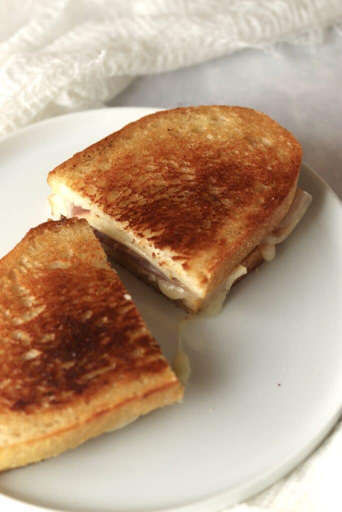 grilled cheese sandwich halves on a plate