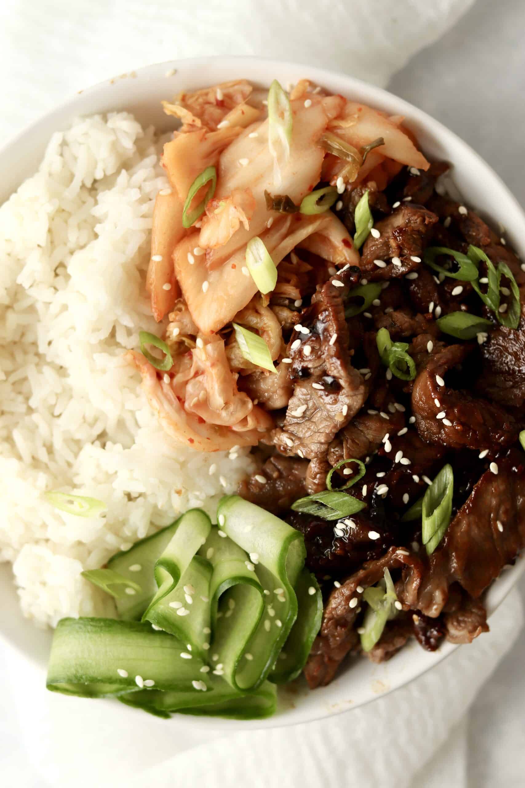 beef bulgogi with rice and kimchi