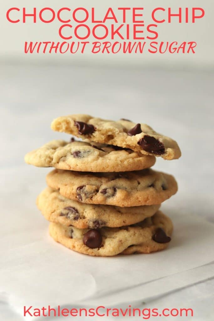 stack of chocolate chip cookies made without brown sugar