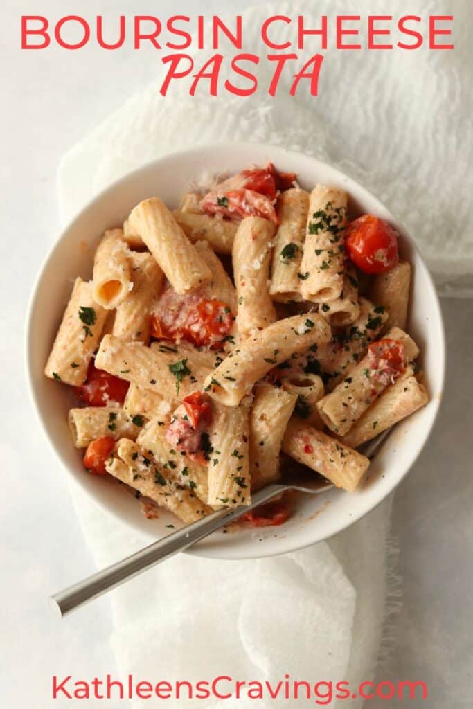 Boursin pasta in a bowl with tomatoes