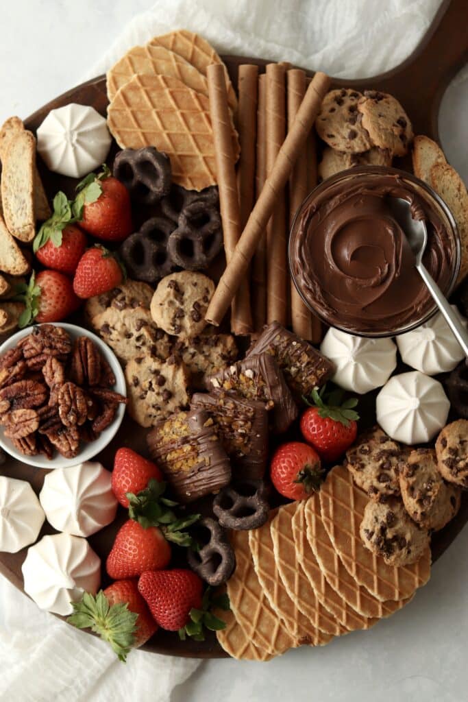 dessert charcuterie board with cookies and treats