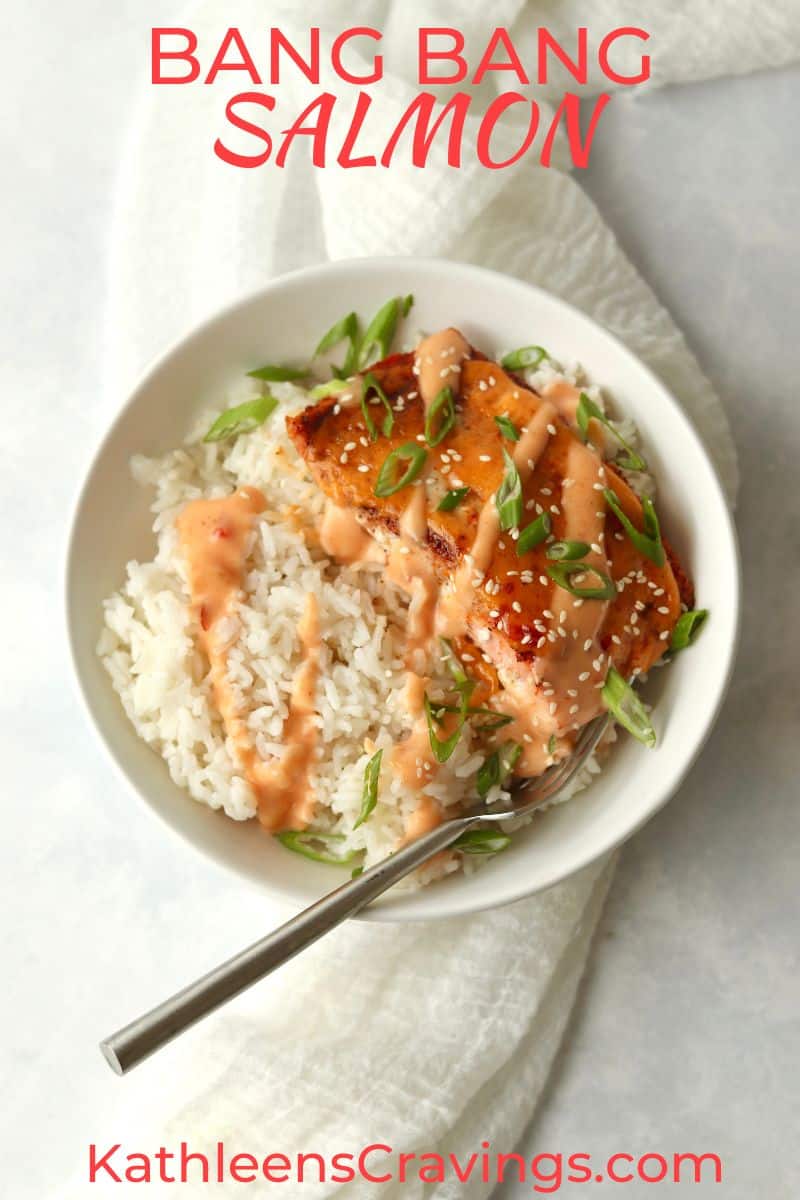 Bang Bang Salmon in a rice bowl