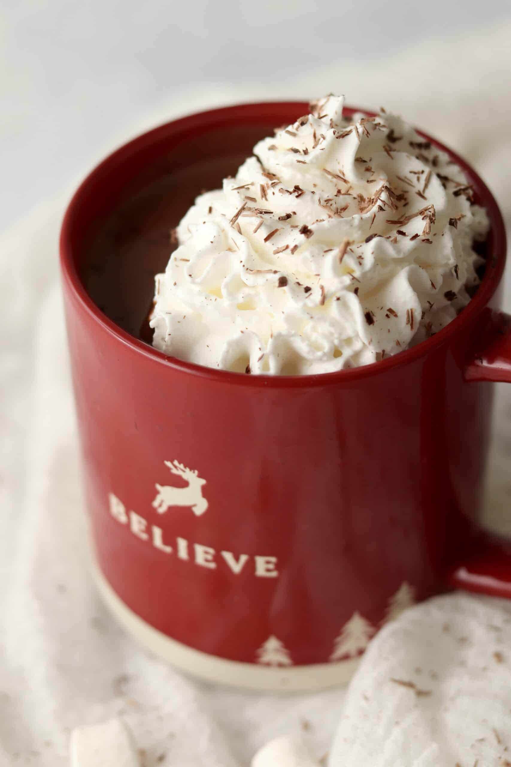 homemade hot chocolate in a red Christmas mug