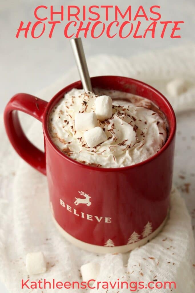 Christmas Hot Chocolate with whipped cream in a red mug