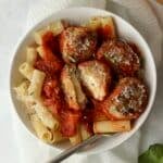 mozzarella stuffed chicken parm meatballs with penne pasta