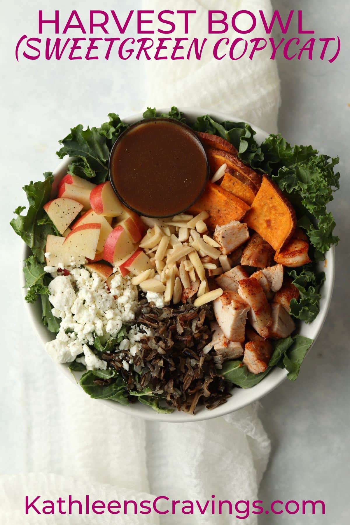 copycat sweetgreen harvest bowl with sweet potatoes, chicken, and wild rice