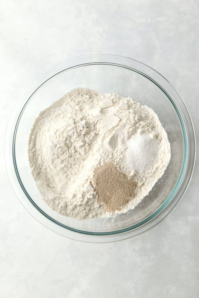 flour, salt, and yeast in a bowl