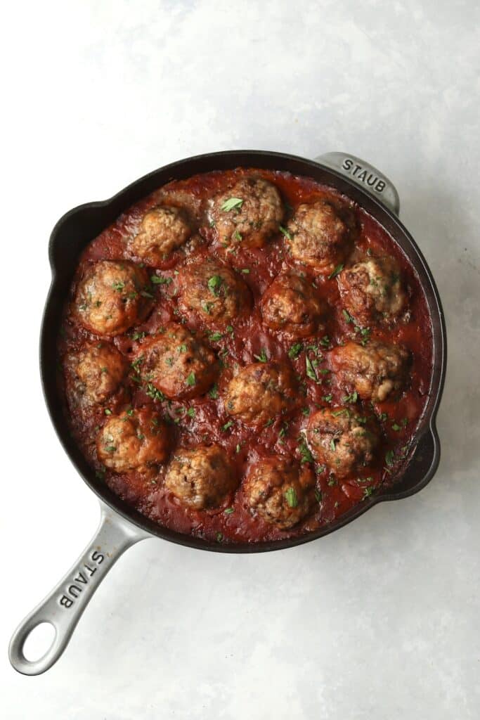 meatballs in marinara sauce in skillet