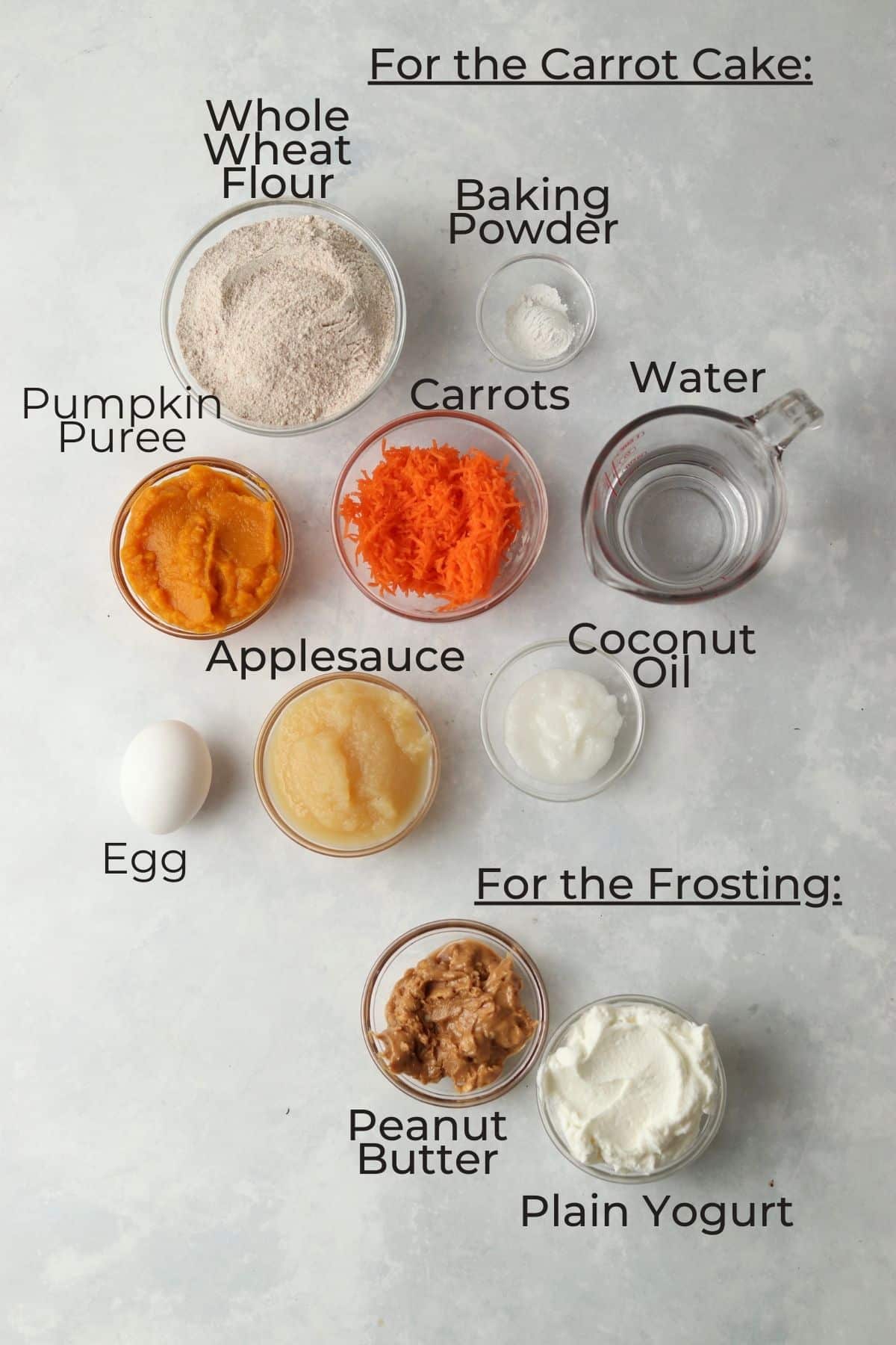 dog friendly carrot cake ingredients in individual prep bowls
