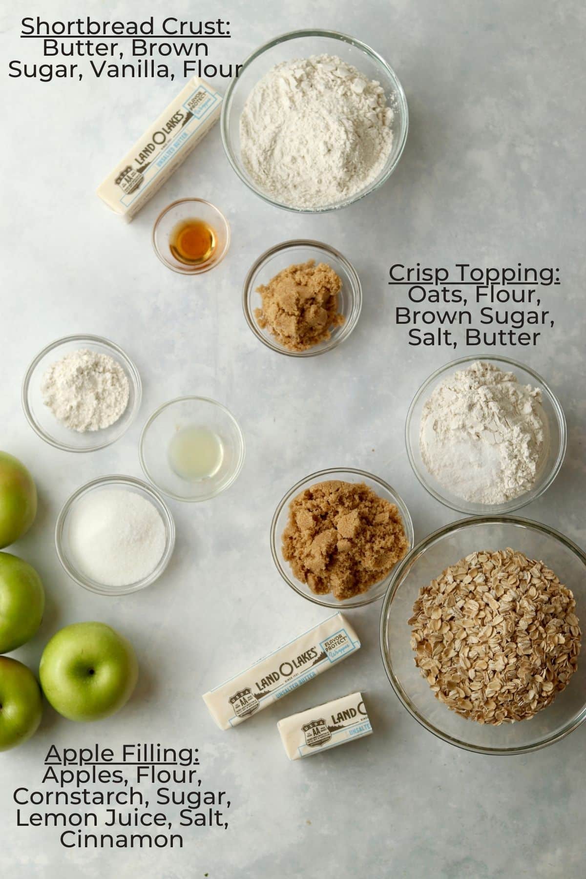 ingredients for apple crisp bars in prep bowls