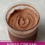 Chocolate soft serve in Ninja Creami pint container.
