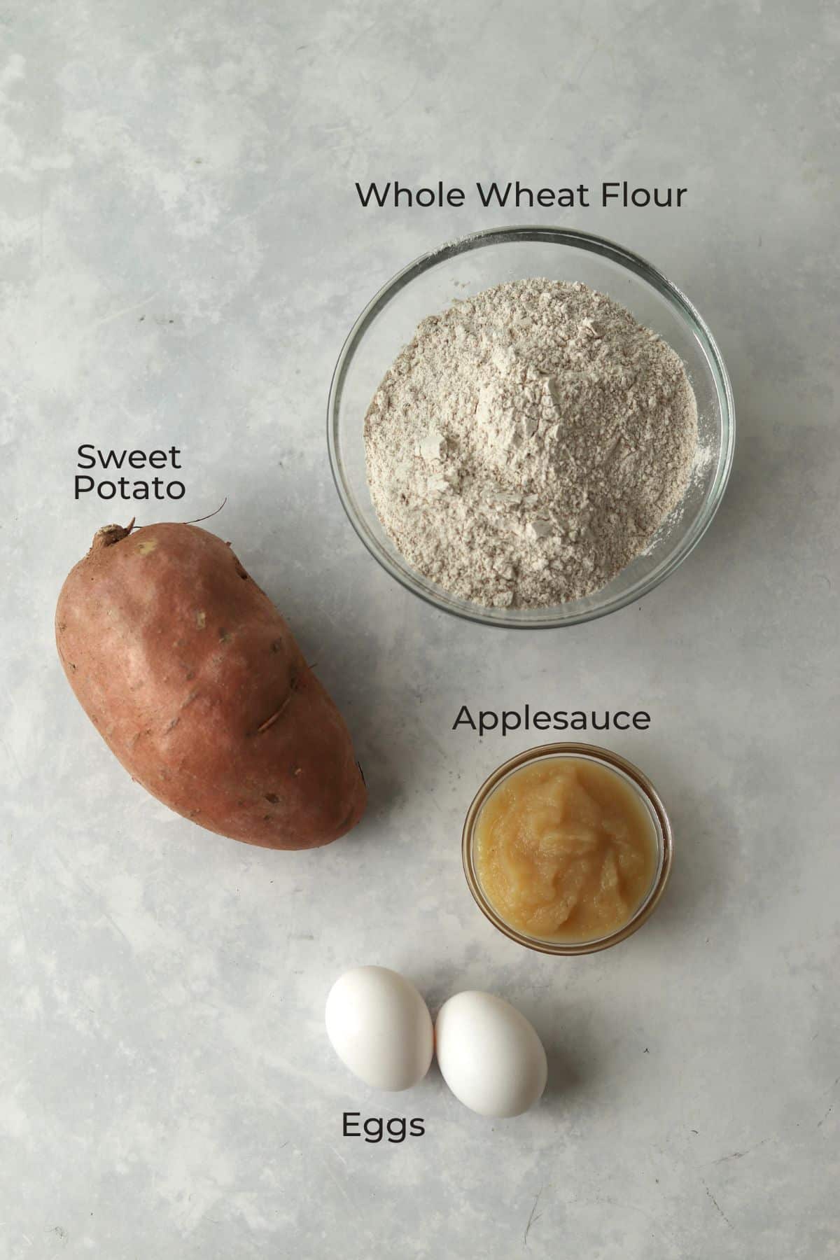 Flour, sweet potato, applesauce, and eggs.