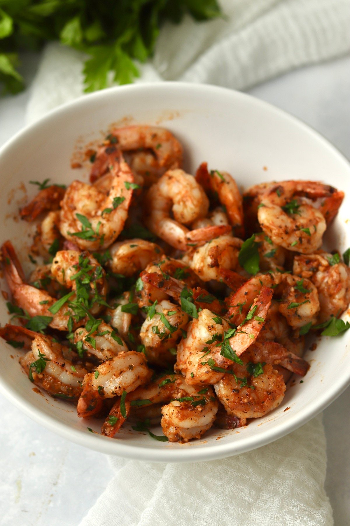 Bowl of cajun shrimp cooked on the Blackstone griddle.