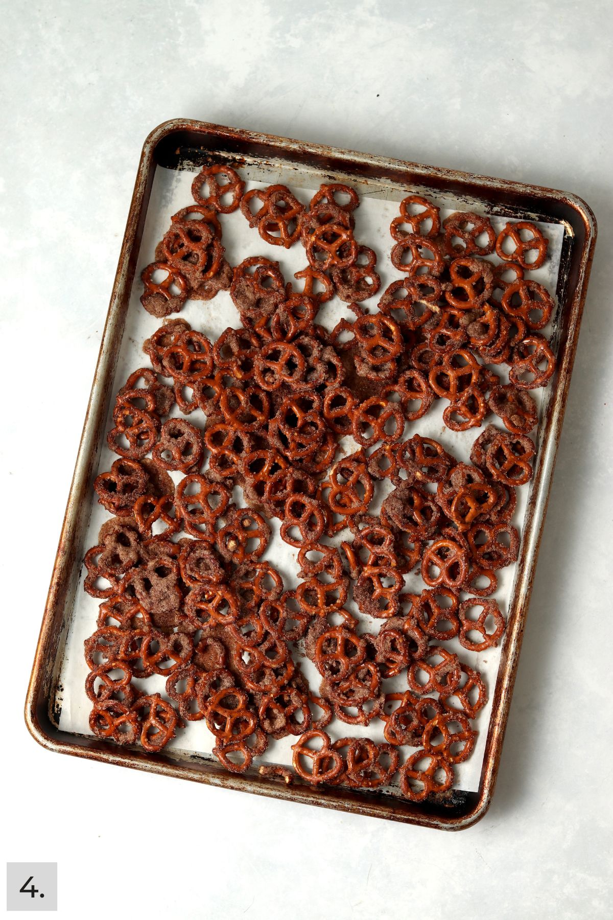 Cinnamon sugar pretzels on the baking sheet after baking.