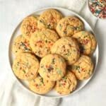 Plate of funfetti cake mix cookies with sprinkles.