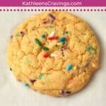 Close up of a funfetti cake mix cookie.