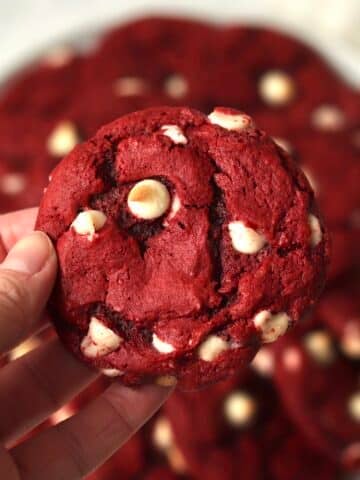 Red Velvet Cake Mix cookie with white chocolate chips.