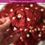 Red velvet cake mix cookie with white chocolate chips.