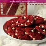 Plate of red velvet cookies with a box of cake mix.