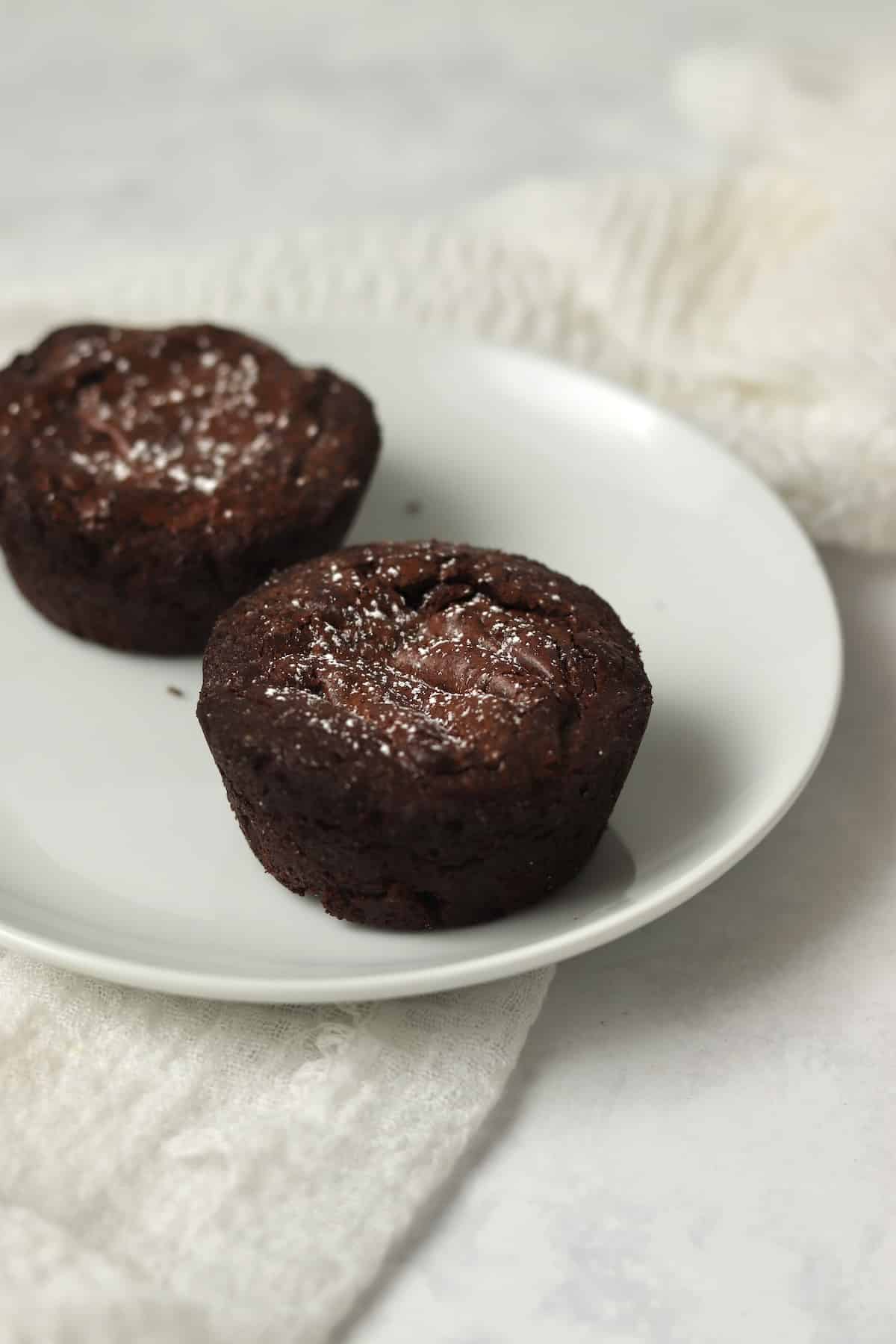 Two individual brownies on a plate dusted with powdered sugar.