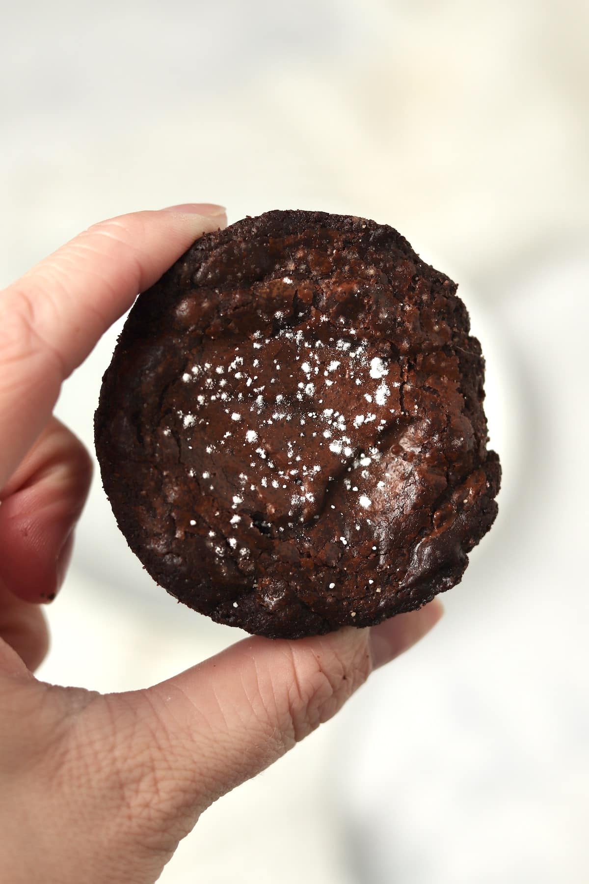 Hand holding one single serve brownie dusted in powdered sugar.