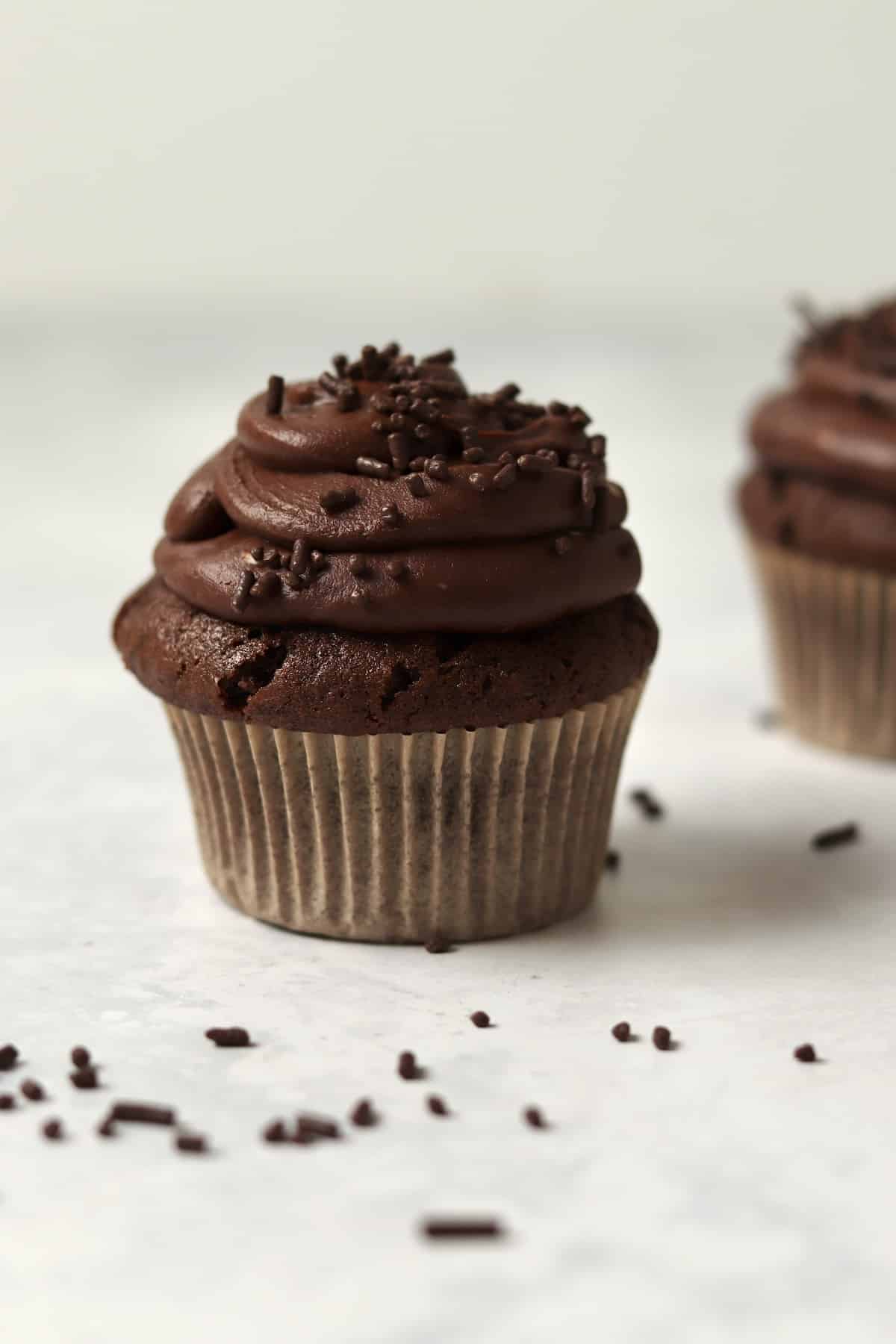 Single serve chocolate cupcake with chocolate frosting and sprinkles.