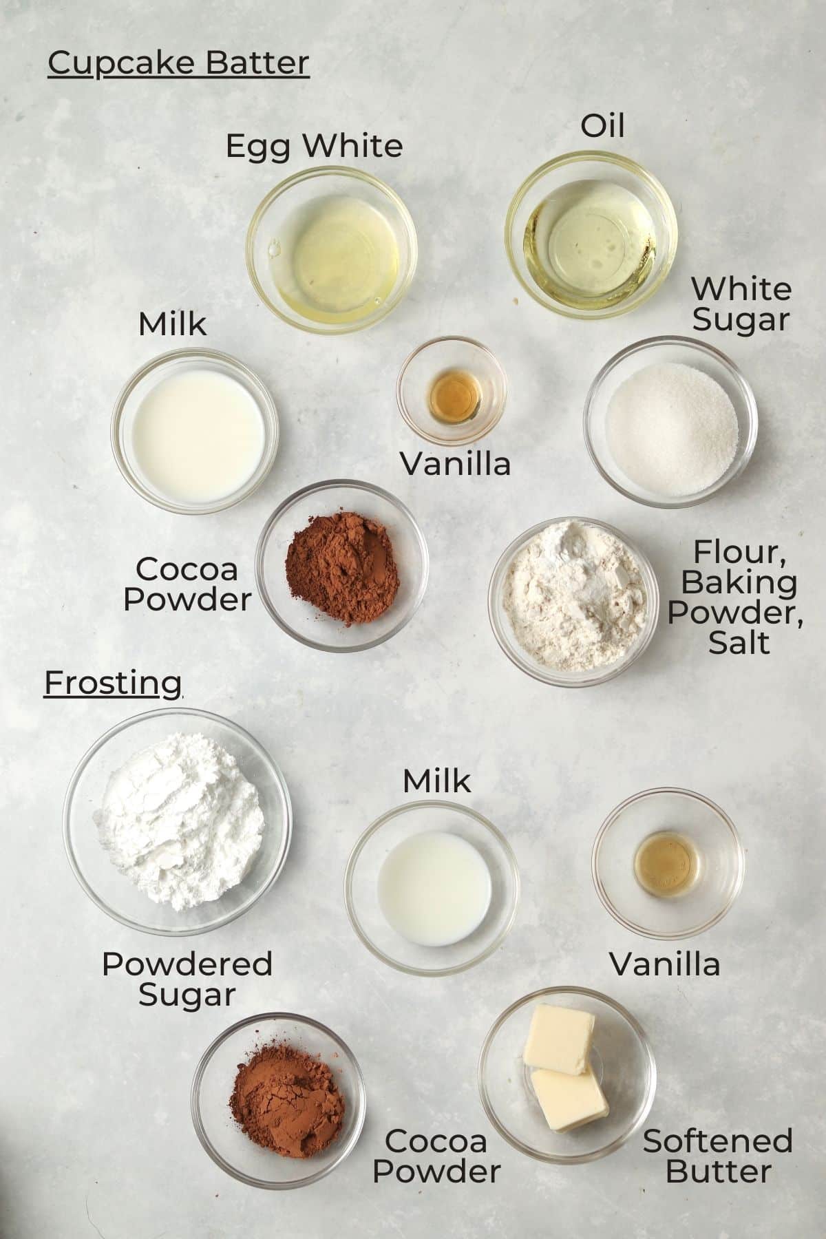 Ingredients for the single serve chocolate cupcake in small glass prep bowls.