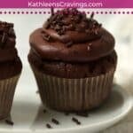 Single serve chocolate cupcake with frosting on a plate.