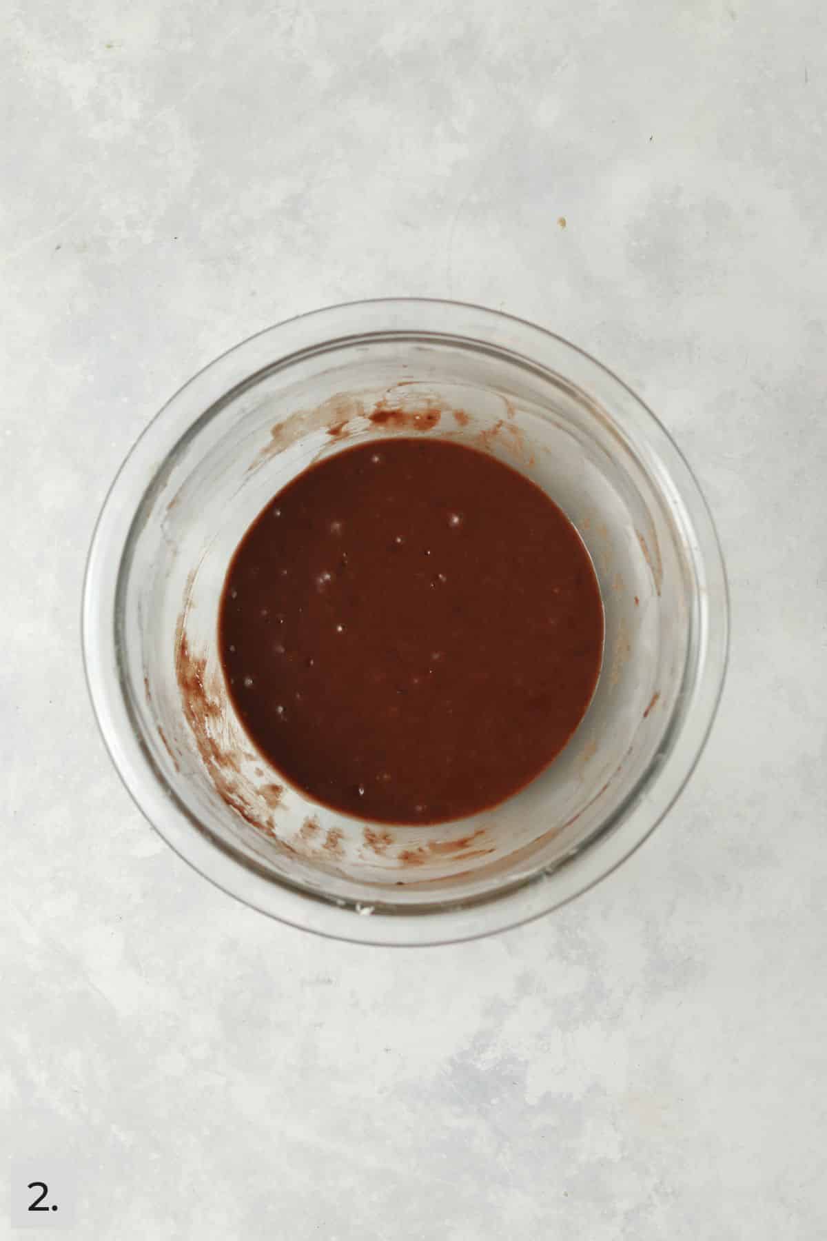 Small batch of chocolate cupcake batter in a mixing bowl.