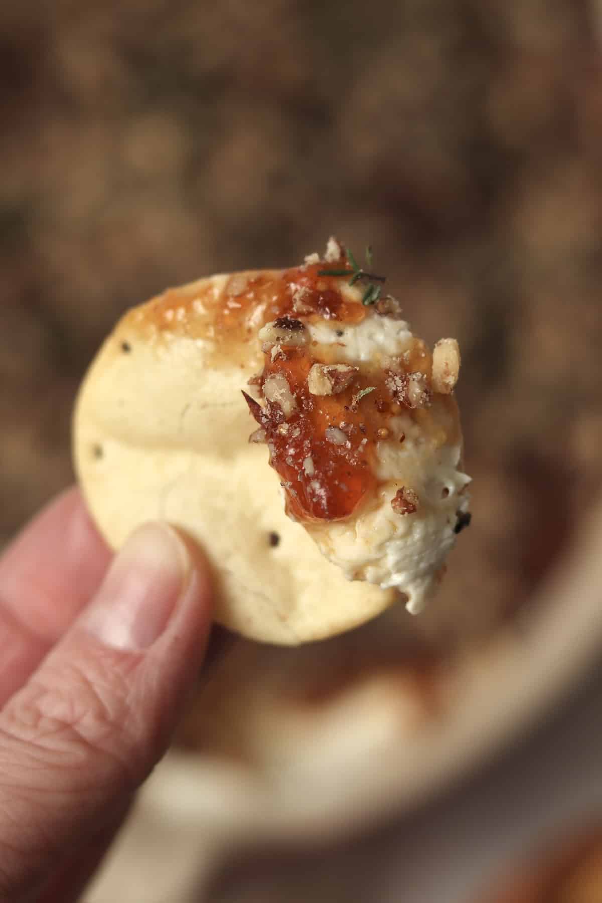 Hand holding a cracker with goat cheese fig dip.