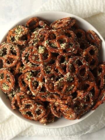 Bowl of homemade garlic parmesan pretzels.