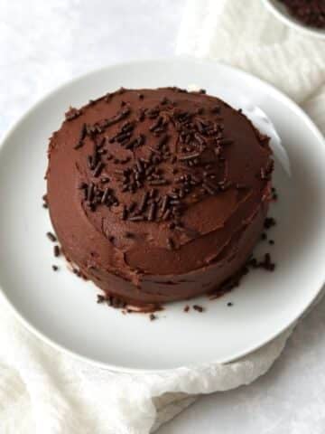 Single serve chocolate cake with chocolate frosting and sprinkles on a plate.