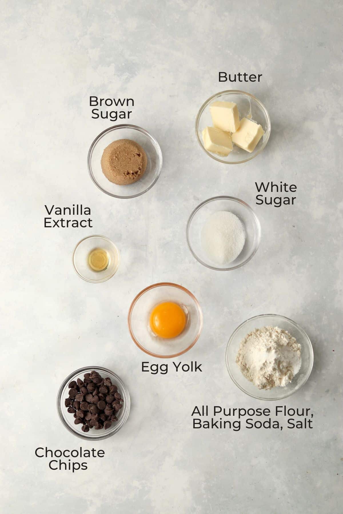 Ingredients to make the small batch cookie dough in glass prep bowls.