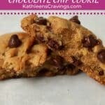 A single serve brown butter chocolate chip cookie broken in half to show center.