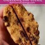 A single serve brown butter chocolate chip cookie broken in half to show tender center.