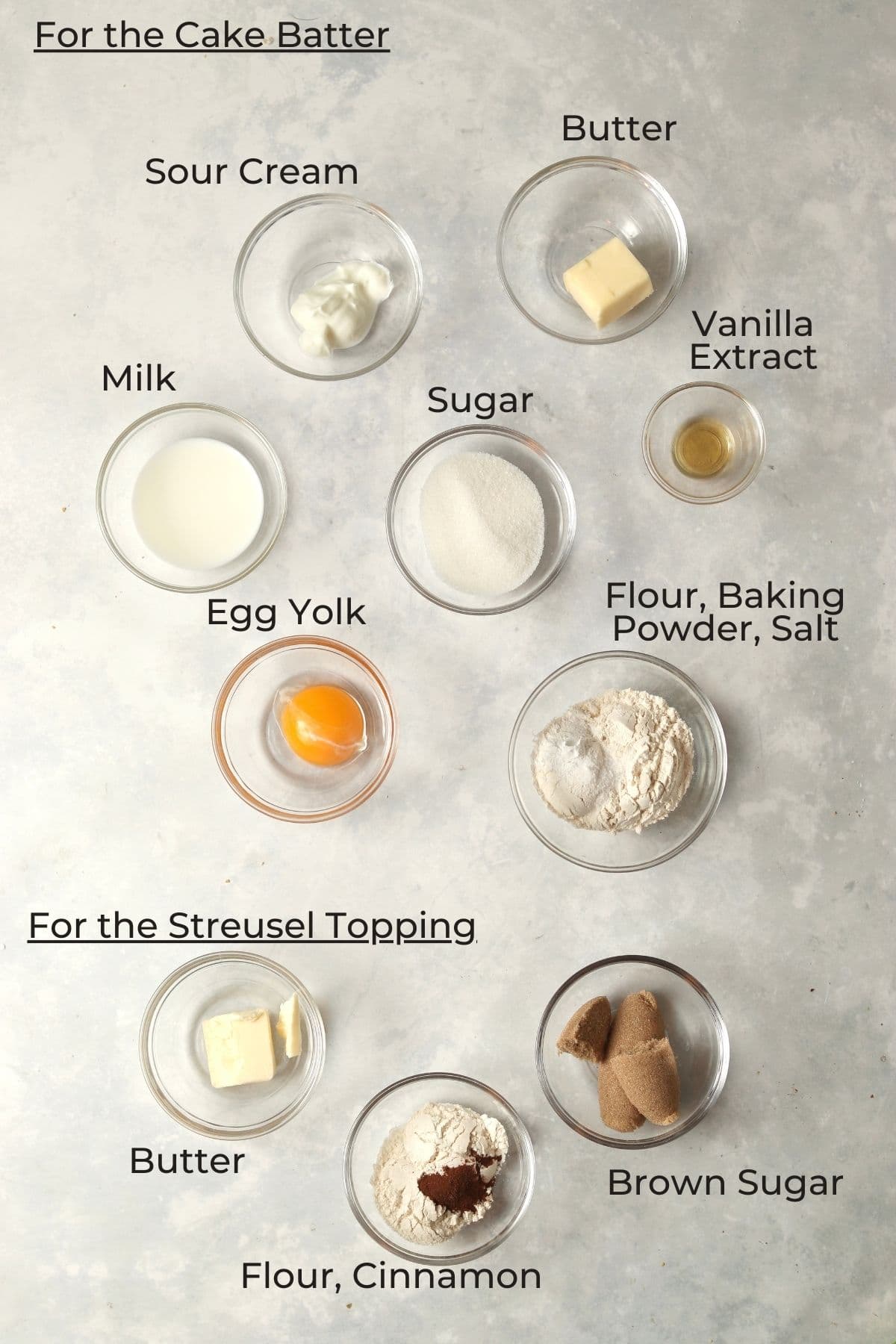 Single serve coffee cake ingredients in small glass prep bowls.