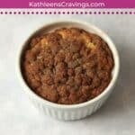 Single serve coffee cake in a ramekin.