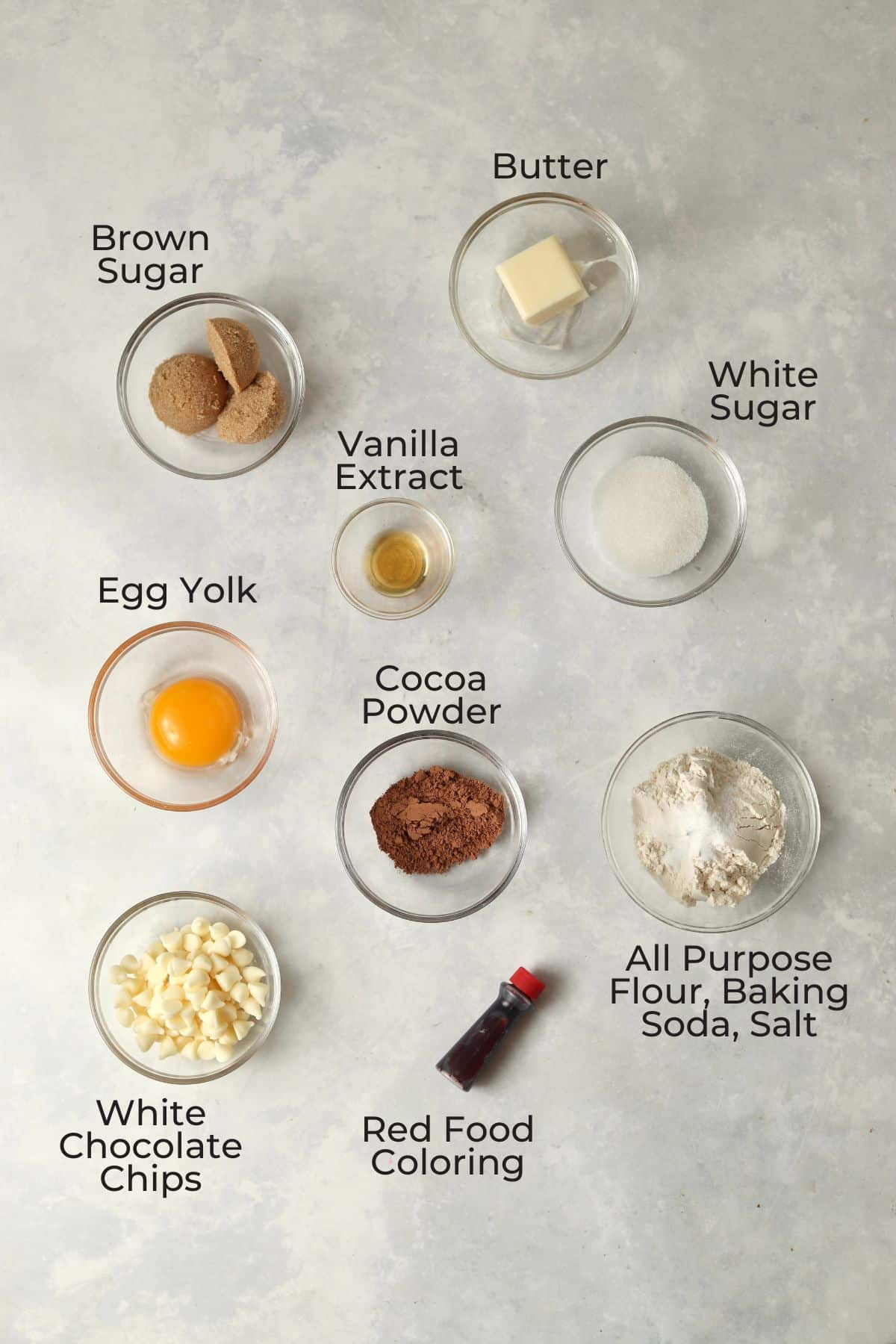 single serve red velvet cookie ingredients in small glass bowls.