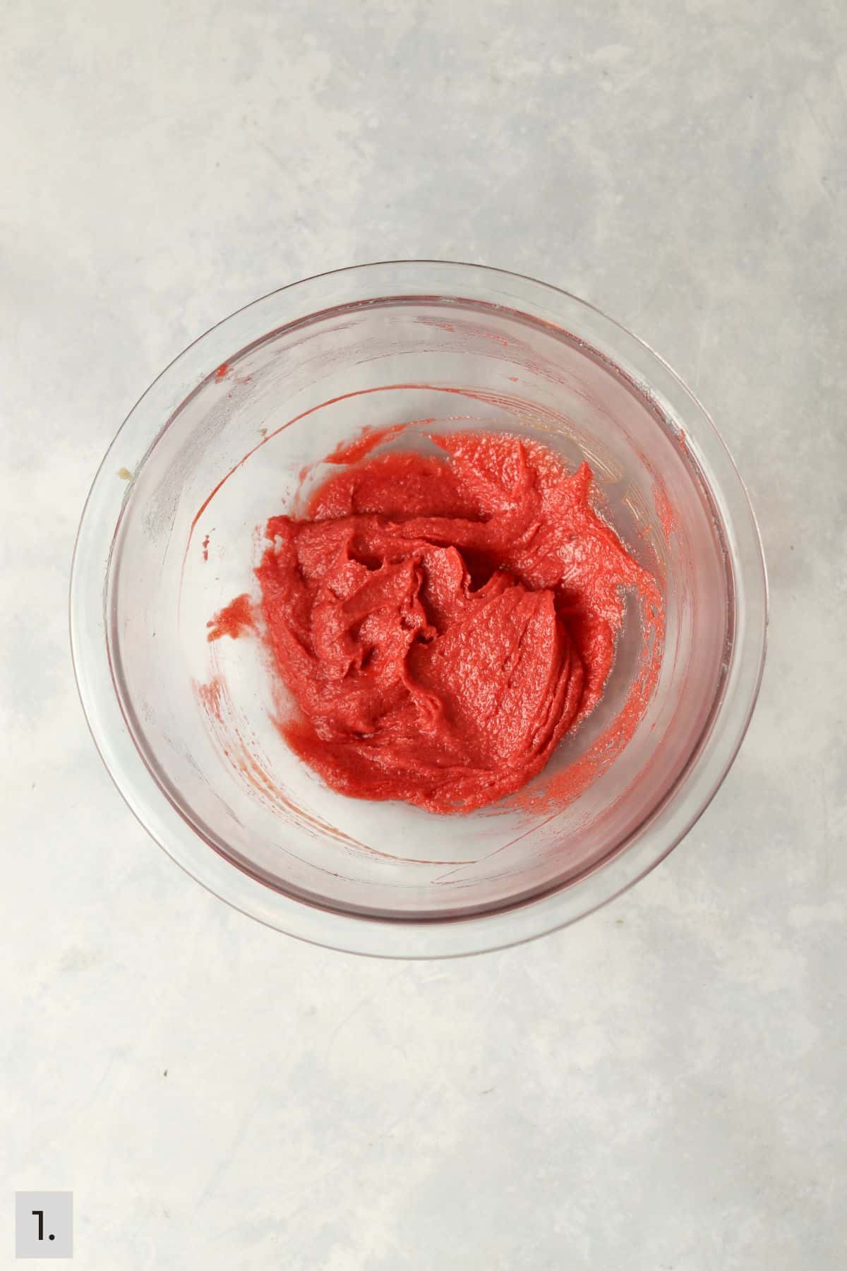 Small batch of red velvet cookie dough before the flour and cocoa powder is added.